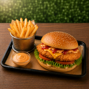 Le Chicken Burger Gourmet (avec frites)– Le Festin Croustillant de Poulet Doré, Fromage Fondant et Bun Extra-Moelleux