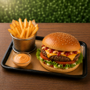 Le Cheeseburger Gourmet (avec frites )– L&rsquo;Incontournable Saveur Grillée, Cheddar Fondant et Pain Bun Extra-Moelleux
