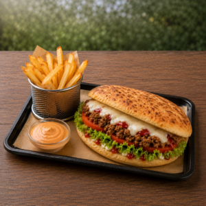 Le Menu Sandwich Dinde Hachée ( avec frites)– Le Duo Ultra-Moelleux de Viande Savoureuse, Mozzarella Fondante et Frites Croustillantes