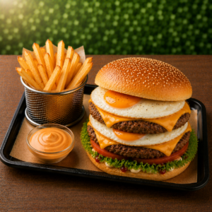 Le Burger Double Egg  Cheese  – Le Sommet du Réconfort avec Double Œuf au Plat Coulant, Double Cheddar Fondu et Bun Extra-Moelleux