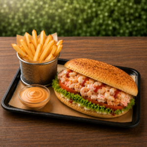 Le Sandwich Fruits de Mer (avec frites )– L&rsquo;Alliance Sensationnelle des Saveurs Marines, de la Mozzarella Fondante et de la Pâte à Pizza Cuite Minute