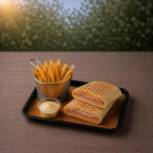 Le Tacos Jambon (avec frites )– Une Recette Douce et Réconfortante aux Fines Tranches de Jambon, Frites Dorées et Sauce Fromagère Maison