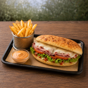 Le Menu Sandwich Jambon ( avec frites) – L&rsquo;Incontournable Pain Pizza Moelleux, Mozzarella Fondante et Frites Croustillantes