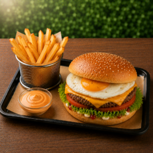 Le Burger Egg Cheese (avec frites)– Le Mariage Parfait de l&rsquo;Œuf au Plat Coulant, du Cheddar Fondu et d&rsquo;un Bun Extra-Moelleux