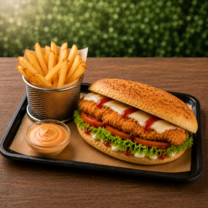 : Le Sandwich Crispy (avec frites )– Le Choc des Textures entre Poulet Ultra-Croustillant, Mozzarella Filante et Pain Pizza Artisanal Soufflé
