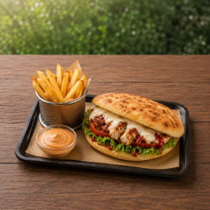 Le Sandwich Poulet ( avec frites )– Le Moelleux Incomparable du Pain de Pâte aPizza Cuite Minute