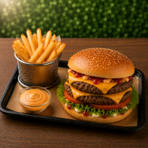 Le Double Cheeseburger Gourmet (avec frites )– Le Sommet de la Gourmandise avec Double Steak Pur Bœuf, Cheddar Généreusement Fondu et Pain Bun Extra-Moelleux